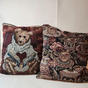 Boyds Bears & Friends Vintage Tapestry Throw Pillows Set of 2 Bear & Teacups